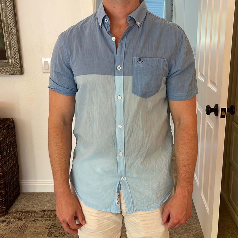 Penguin color block short sleeve button down mens
